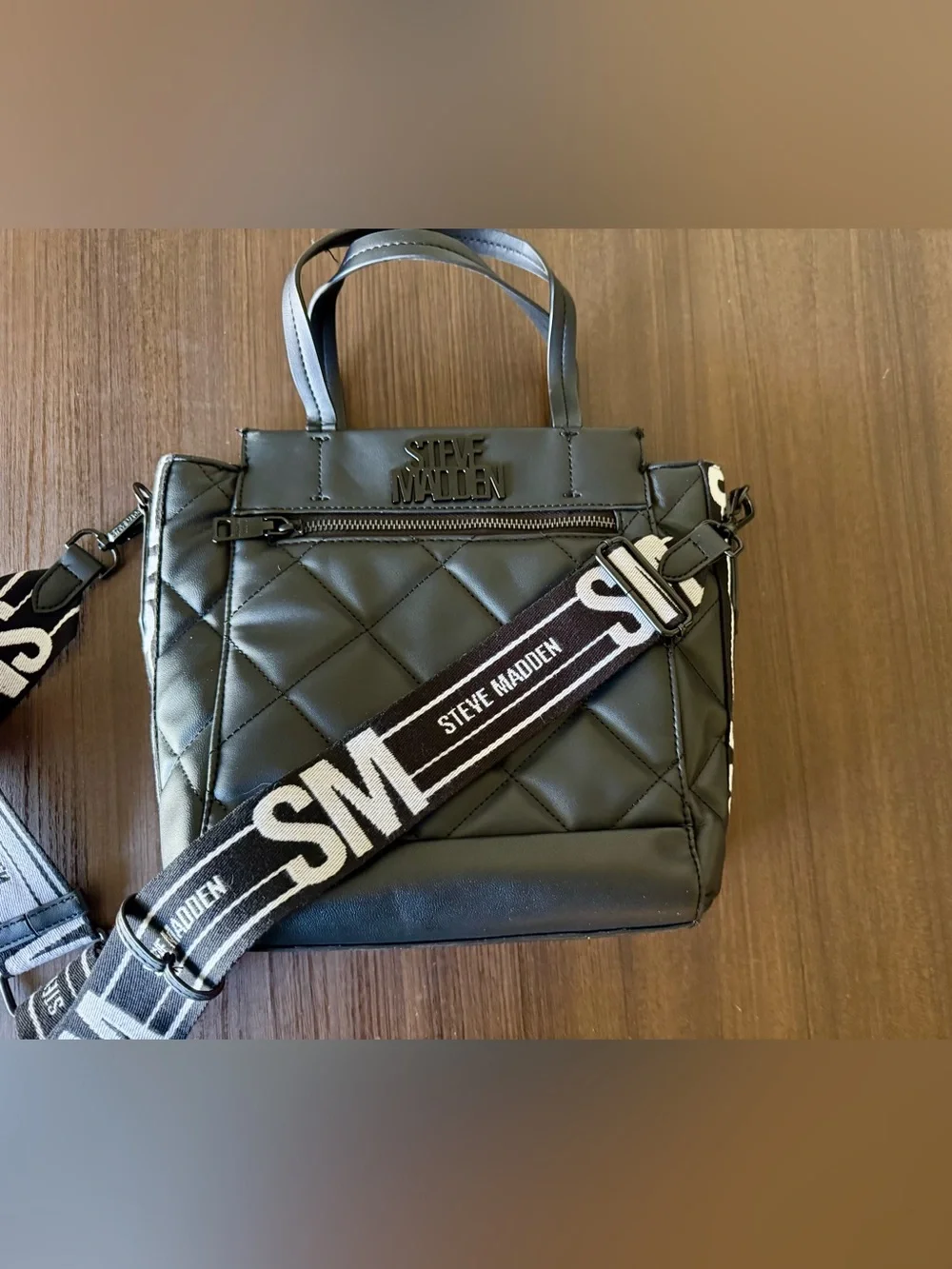 Steve Madden Black Quilted Tote with Front Zip